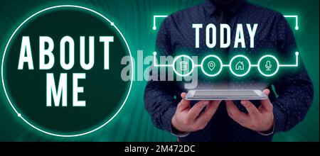 Textbeschriftung mit „über mich“. Konzeptfoto Meine persönlichen Eigenschaften Informationen „Gefällt mir“ und „Abneigung“ Stockfoto