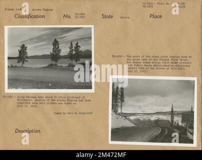 Entlang des Squanga Lake; der Beginn der steilen Steigung hinunter zum Sikanni Chief River. Originalunterschrift: 43-1892: Entlang des Squanga Lake ca. 50 km südöstlich von Whitehorse; die Einstufung des Alaska Highway war abgeschlossen, als dieses Foto am 15. Juli 1943 aufgenommen wurde. Originaltitel: 43-1893: Beginn der steilen Steigung, die zum Südufer des Sikanni Chief River führt. Durch die neue, unter Vertrag mit der öffentlichen Straßenverwaltung errichtete Holztrassenbrücke entfällt die Haarnadeldrehung am Fuße dieses Hügels. Fotos von Gail K. Pinkstaff. Staat: Alaska. Stockfoto