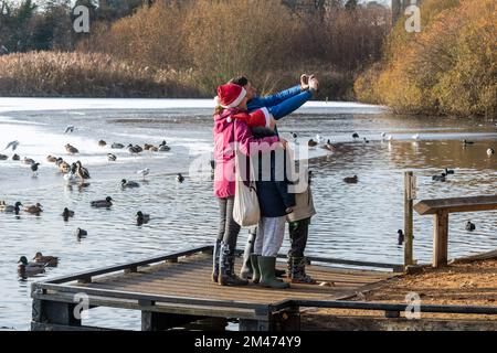 Familien genießen einen Winterspaziergang um einen gefrorenen Flottenteich, um Enten und Schwäne zu füttern und Selfies zu machen im Dezember 2022, Hampshire, England, Großbritannien Stockfoto