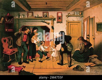 Ein junger schwarzer Mann spielt Geige für eine weiße Familie in ihrem Haus: Ein Mann, seine Frau und ihre beiden Kinder tanzen am Kamin, während eine alte Dame auf einer Bank sitzt. Farblithograf von Jas. F. Queen, 1877, Stockfoto