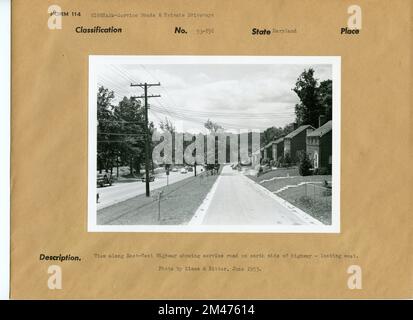 Blick auf den East West Highway. Originalüberschrift: Blick auf den East-West Highway mit Zufahrtsstraße auf der Nordseite des Highways - Blick nach Westen. Foto von Kines & Ritter, Juni 1953. Bundesstaat: Maryland. Stockfoto