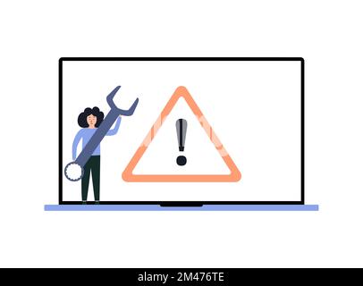 Sicherheitsprobleme bei Notebooks. Warnschild am Monitor Stock Vektor