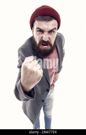 Was hast du gesagt? Ein Hipster. Schule der guten Manieren. Tipps und Tricks, schöner Mann. Arroganter, unhöflicher Hipstermann. Bärtig und gutaussehend. Sich Selbst. Stockfoto