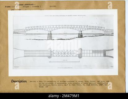 Brücke über den Fluss Schuylkill in der Market Street, Philadelphia. Originalüberschrift: Aus „Illustrationen von Brücken aus Stein, Eisen, Holz und Draht und nach dem Prinzip der Aufhängung, mit Beispielen für jede eigenartige Konstruktion für Eisenbahn, Fluss, Docks, &c.“ Von John Weale, 59, High Holborn, 1847. Stockfoto