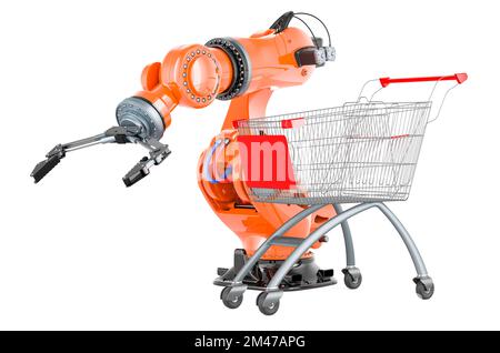 Warenkorb mit mechanischem Roboterarm. 3D-Rendering auf weißem Hintergrund isoliert Stockfoto