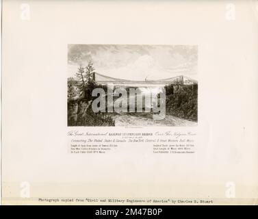 Hängebrücke über den Niagarafällen. Originalüberschrift: Die Great International Railway Suspension Bridge begeistert den Niagara River. Foto kopiert von "Civil and Military Engineers of America" von Charles B. Stuart. Bundesstaat New York. Stockfoto