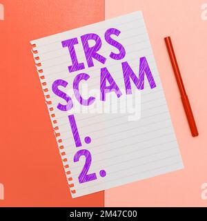 Textunterschrift mit IRS-Betrug. Die Geschäftsvorführung zielte auf Steuerzahler ab, indem sie vorgab, die Steuerbehörde zu sein Stockfoto