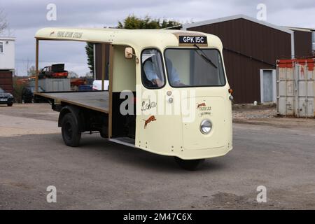 Geoff Hall und seine 15-köpfige Sammlung elektrischer Milchflotten von 1950 bis 1980, West Sussex, England, Großbritannien Stockfoto