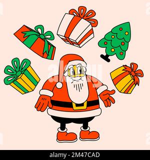 Fröhliche Weihnachten und ein frohes neues Jahr, trendige Cartoon-Charaktere im Retro-Look. Toller Hippie-Weihnachtsmann mit Geschenken. Vektor-Cartoon-Figuren und Stock Vektor