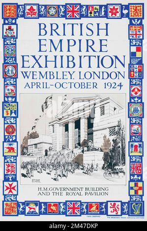 Eines aus einer Reihe von Postern für die British Empire Exhibition, Wembley, London, April-Oktober 1924. Es umfasst das Regierungsgebäude und den königlichen Pavillon. 27 Millionen Besucher besuchten die Ausstellung. Nach einer Arbeit von Ernest Coffin. Stockfoto