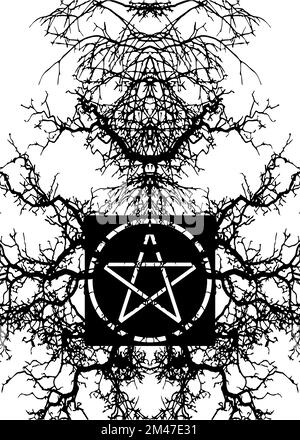 Schwarzer magischer Hintergrund und mystisches Pentagramm Symbol, Freimaurer und geheime Gesellschaften Banner, okkulte und spirituelle mystische Zeichnung isoliert auf Weiß Stock Vektor