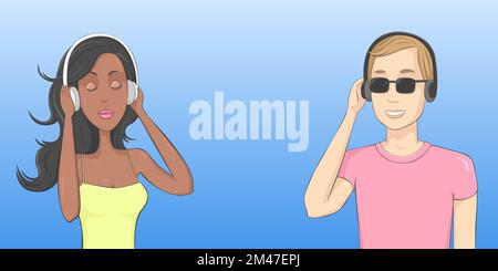 Musikfans in Kopfhörern. Vektordarstellung. Stock Vektor
