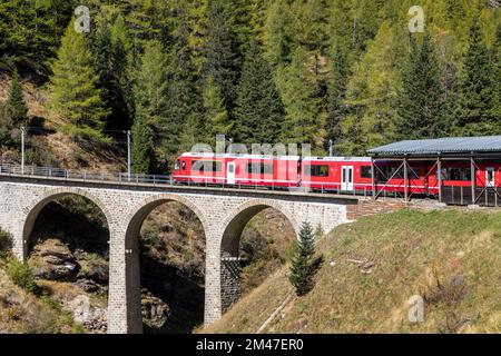 bernina Express Bergbahn über die Acqua da Pila Brücke Stockfoto