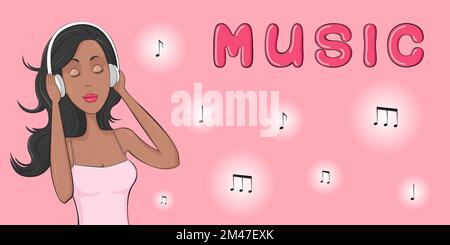 Ein afroamerikanisches Mädchen, das Musik über Kopfhörer hört. Poster. Vektordarstellung. Stock Vektor