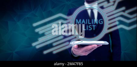 Unterschreiben Sie, um die Mailingliste anzuzeigen. Wort für eine Liste von Personen, die eine regelmäßige Mailing-Verteilung abonnieren Stockfoto