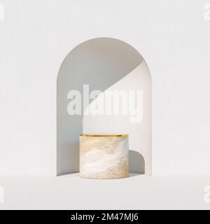 Marmorsockel mit goldener Oberseite in weißer Nische. 3D-Rendern Stockfoto