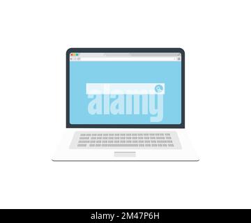 Laptop-Computer, Suche nach Informationen zum Logo-Design der Website. Technologiesuche Für Die Datensuche. Verwenden der Suchkonsole mit dem Vektordesign Ihrer Website. Stock Vektor