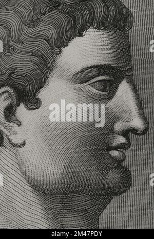 Mark Anthony (Marcus Antonius) (83-30 v. Chr.) Römischer General und Politiker der Republik. Porträt, Detail. Gravur. "Los Héroes y las Grandezas de la Tierra". Band I. 1854. Stockfoto