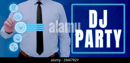Inspiration mit DJ-Partyschild. Internet Concept Person, die aufgezeichnete populäre Musik im Radio vorstellt und wiedergibt Stockfoto