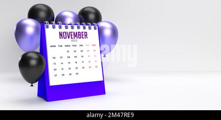 November 2023 Monatliche Spiral-Desktop-Feier Kalendervorlage: 3D-Renderdatum-Planer-Seite mit violetten, schwarzen Ballons. Hintergrund, Kopierbereich. Stockfoto