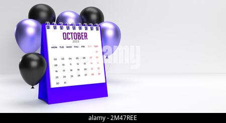 Oktober 2023 Monatliche Spiral-Desktop-Feierlichkeiten Kalendervorlage: 3D-Renderdatum-Planerseite mit violetten, schwarzen Ballons. Hintergrund, Kopierbereich. Stockfoto