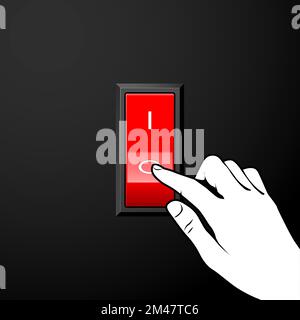 Der elektrische Schalter wird mit dem Finger ausgeschaltet, wodurch Energie und Energieeffizienz gespart werden, die Hand und der rote Knopf, der Vektor Stock Vektor