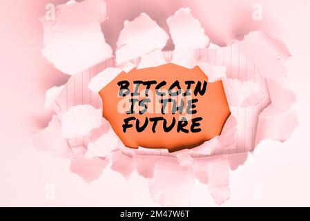 Das Schreiben mit der Anzeige von Text Bitcoin ist die Zukunft. Wortschreibung auf einem digitalen Marktplatz, auf dem Händler Bitcoins kaufen und verkaufen können Stockfoto