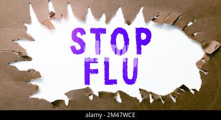 Schild mit der Aufschrift „Grippe stoppen“. Wort für die Behandlung der ansteckenden Atemwegserkrankung, die durch Grippevirus verursacht wird Stockfoto