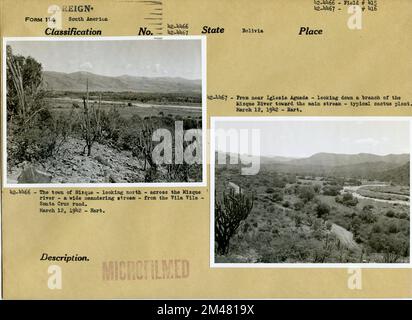 Stadt Mizque; Zweig des Flusses Mizque. Originalunterschrift: 42-4466: Die Stadt Mizque - mit Blick nach Norden - über den Fluss Mizque - ein breiter, sich schlängelnder Bach - von der Straße Vila Vila - Santa Cruz. 12. März 1942 - Hart. Originalüberschrift: 42-4467: Von der Nähe von Iglesia Aguada - mit Blick auf einen Zweig des Mizque River in Richtung Hauptstrom - typische Kaktuspflanze. 12. März 1942 - Hart. Staat: Bolivien. Stockfoto