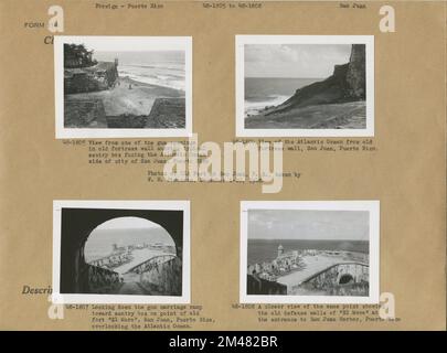 Blick von der alten Festungsmauer; Blick auf den Atlantischen Ozean; Blick auf die Gun Carriage Rampe in Richtung Old Sentry Box; die Old Defense Mauern von 'El Morro'. Originalunterschrift: 48-1805: Blick von einer der Waffenöffnungen in der alten Festungsmauer mit typischem Wachkasten gegenüber der Atlantikseite der Stadt San Juan. W. H. Simonson. Originalunterschrift: 48-1806: Blick auf den Atlantischen Ozean von der alten Festungsmauer. W. H. Simonson. Originalunterschrift: 48-1807: Blick auf die Rampe der Waffenladerampe in Richtung Wachposten am Punkt der alten Festung „El Moro“ mit Blick auf den Atlantischen Ozean. W. H. Simonson. Originalunterschrift: 48- Stockfoto