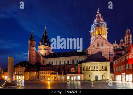 Die Mainzer Kathedrale bei Nacht Stockfoto