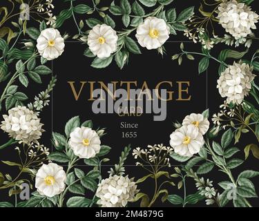 Karte mit botanischen weißen Rosen im Vintage-Stil. Vektor. Stock Vektor