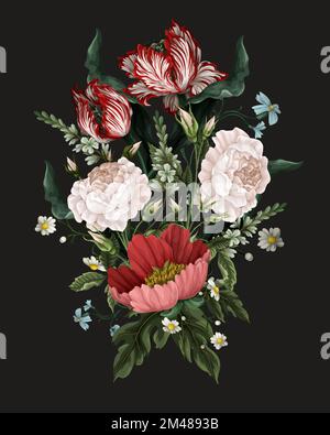 Bouquet mit alten Rosen, Tulpen und anderen Blumen isoliert. Vektor. Stock Vektor