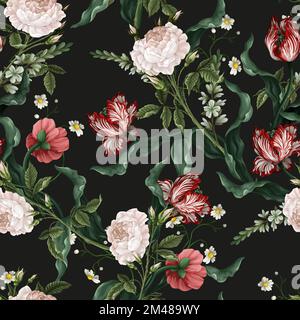 Nahtloses Muster mit alten Blumen wie Rosen und Tulpen. Vektor. Stock Vektor
