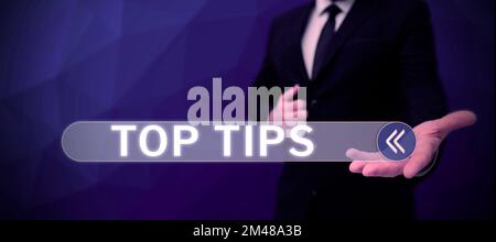 Konzeptionelle Beschriftung Top-Tipps. Ein Wort, das auf einem kleinen, aber besonders nützlichen praktischen Ratschlag geschrieben wurde Stockfoto