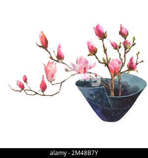 Aquarelldarstellung eines Magnolienzweigs in einem japan-dack-blauen Keramikblütentopf isoliert auf weißem Hintergrund. Inneneinrichtung. Stockfoto