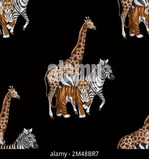 Nahtloses Muster mit Tiger, Zebra und Giraffe. Vektor. Stock Vektor