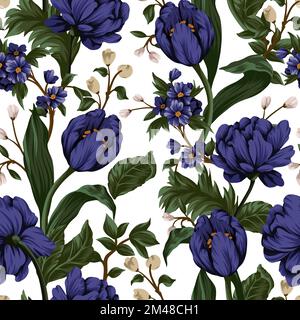 Nahtloses Muster mit violetten Pfingstrosen und kleinen Blumen. Vektor. Stock Vektor