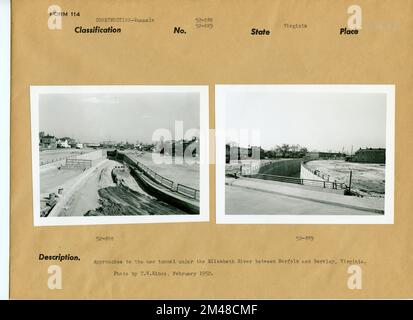 Tunnel unter dem Elizabeth River, zwischen Berkley und Norfolk, Virginia. Originalüberschrift: Annäherung an einen neuen Tunnel unter dem Elizabeth River, zwischen Berkley und Norfolk, Virginia. Fotos von T. W. Kines, Februar 1952. Bundesstaat Virginia. Stockfoto