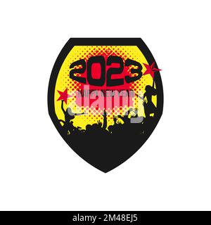 Frohes neues Jahr 2023 mit der Silhouette „Mann und Frau“ mit dem Hintergrund des Emblems.EPS 10 Stock Vektor