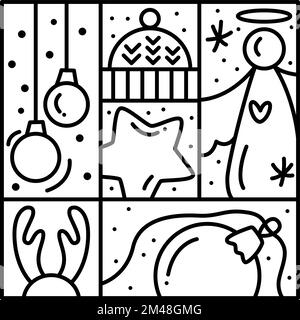 Weihnachtslogo Schneeflocke, Hirsch, Tasse Kaffee und Tannenspielzeug. Handgezeichneter Monolin-Wintervektorkonstruktor im quadratischen Rahmen für Stock Vektor