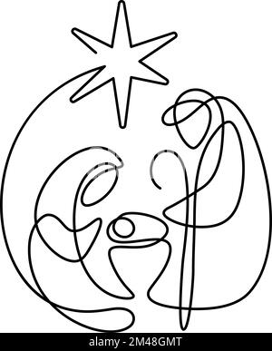 Vektorweihnachts-christliche Geburtsszene des Jesuskindes mit Maria und Joseph und dem Star bethlehem in rundem Rahmen eine Zeile. Logo-Symbol Stock Vektor