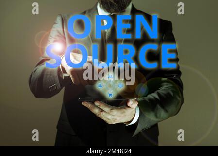 Textunterschrift für Open Source. Geschäftsansatz, der Software angibt, deren ursprünglicher Quellcode frei verfügbar ist Stockfoto
