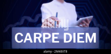 Textunterschrift mit Carpe Diem. Geschäftsveranstaltungen, bei denen Menschen Musik und Tanz spielen Stockfoto