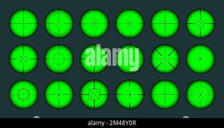 Verschiedene Waffen Nachtsicht, Scharfschützengewehr optische Scopes. Jagdgewehr-Sucher mit Fadenkreuz. Ziel, schießen Marke Symbol. Militärisches Zielschild Stock Vektor