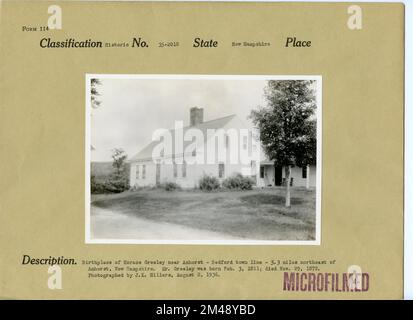 Geburtsort von Horace Greeley in der Nähe von Amherst, New Hampshire. Originalüberschrift: Geburtsort von Horace Greeley nahe Amherst - Bedford Town Line - 5,3 Meilen nordöstlich von Amherst, New Hampshire. Mr. Greeley wurde am 3. Februar 1811 geboren; starb am 29. November 1872. Fotografiert von J. K. Hillers, 2. August 1936. Staat: New Hampshire Place: Amherst. Stockfoto