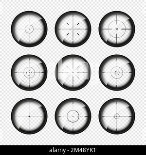 Verschiedene Waffenvisiere, Scharfschützengewehr optische Scopes. Jagdgewehr-Sucher mit Fadenkreuz. Ziel, schießen Marke Symbol. Militärisches Zielzeichen, Silhouette Stock Vektor