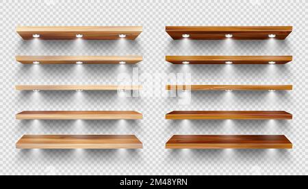 Realistische Holzregale mit Beleuchtung, Scheinwerfern. Leeres Produktregal, Lebensmittelwandregal. Mall und Supermarkt Möbel, Bücherregal. Modern Stock Vektor
