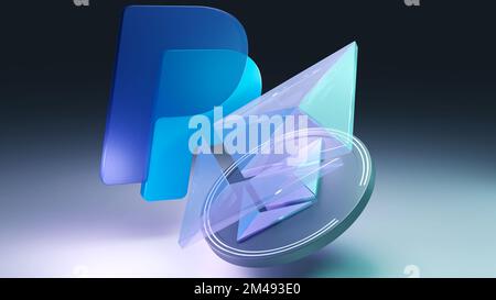 PayPal-Logo mit Ethereum-Münze und Logo auf dunklem Hintergrund mit glänzenden Details. 3D-Rendern. Stockfoto