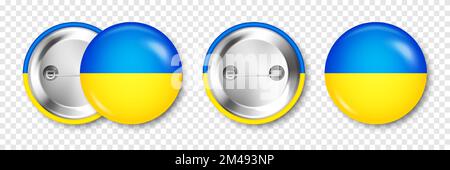 Realistisches Knopfabzeichen mit bedruckter ukrainischer Flagge. Souvenir aus der Ukraine. Glänzendes Pin-Emblem mit glänzendem Metallverschluss. Produktmockup für Werbung und Stock Vektor